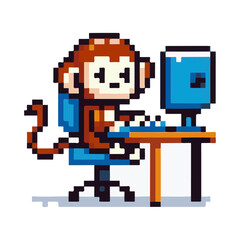 Monkey looking at pc with pixel art style