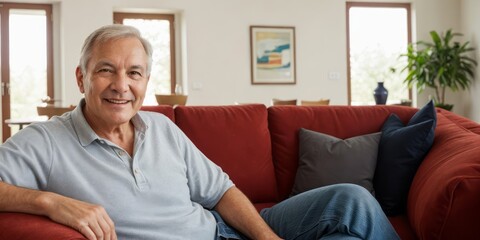 A joyful senior man comfortably seated on a vibrant red couch, in a cozy, light-filled living room.