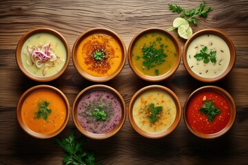 Tasty broth and different cream soups in bowls on old wooden table, flat lay, Assortment of colored vegetable cream soups, Dietary food, soup with cream and parsley, Ai generated