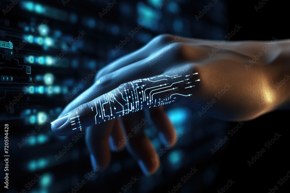 Poster hand touching screen with circuit board in background, view of a cyborg hand holding a futuristic in