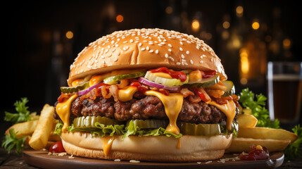 burger with tomateoes lettuce and pickles on a wooden plate and friest at the back. Fresh tasty burger on dark background.