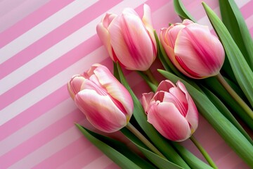 pink tulips on a striped background with copy space