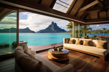 Fototapeta premium Enjoy the tranquility of this coastal living room as you take in the breathtaking view of the ocean, Vista Bungalow Bora Bora, AI Generated
