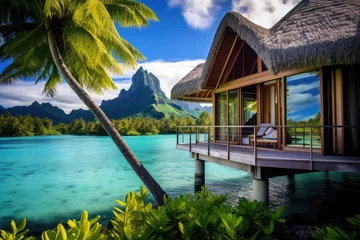 Papier Peint photo Bora Bora, Polynésie française Picture of a house situated on the water, with a palm tree standing in front of it, Vista Bungalow Bora Bora, AI Generated