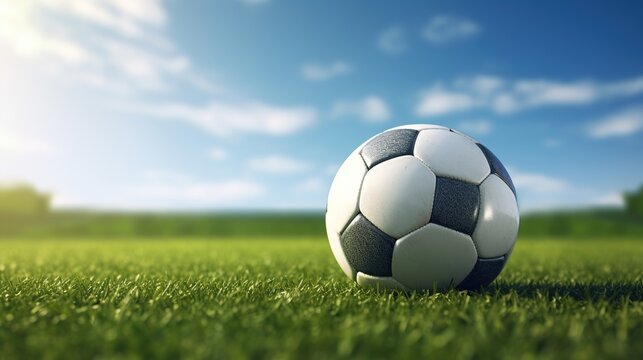 Close-up a soccer ball on lush green field soccer stadium background, with copy space.
