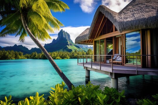 Picture of a house situated on the water, with a palm tree standing in front of it, Vista Bungalow Bora Bora, AI Generated