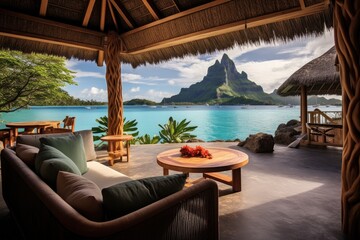 A spacious living room providing a breathtaking view of the serene ocean, Vista Bungalow Bora Bora, AI Generated