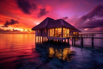 Fototapeta na wymiar House Sitting Atop Body of Water, Tranquil and Serene Home by the Lake, Water bungalow, Sunset on the islands of the Maldives, A place for dreams, AI Generated