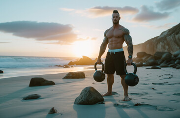 Strong man doing kettlebells on the beach, showcasing strength and fitness in a dynamic seaside workout.