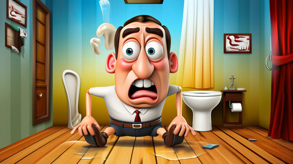 Cartoon style 3D illustration of a panicked man clutching the bathroom floor with a surprised expression in a colorful bathroom environment. Cartoon concept. AI generated.