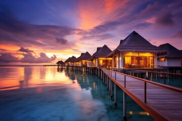 A serene landscape featuring a wooden dock guiding towards a picturesque row of huts built over the water, Water villas on Maldives resort island in the sunset, AI Generated