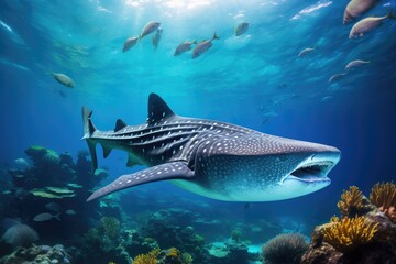 Naklejka na ściany i meble Majestic Whale Gliding Above Vibrant Coral Reef in Ocean, Whale shark, Rhincodon typus, in a tropical coral reef, AI Generated
