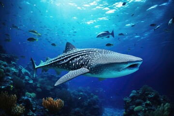 Fototapeta premium A magnificent whale swims gracefully over a colorful coral reef, creating a stunning display of marine life, Whale shark, Rhincodon typus, in a tropical coral reef, AI Generated