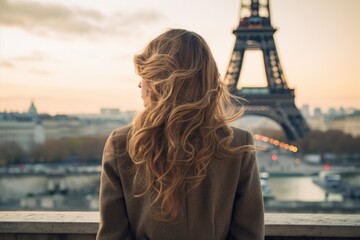 A woman stands in front of the iconic Eiffel Tower in Paris, France, enjoying the beautiful view, Young woman's rear view looking at the Eiffel Tower, AI Generated