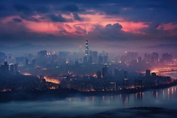Naklejka premium Beautiful night view of Hong Kong city skyline with skyscrapers, Seoul Skyline, AI Generated