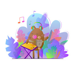 The bear plays music as a DJ. Bright illustration.