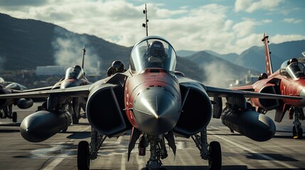fighter jet military aircraft parked on runway in sunset time