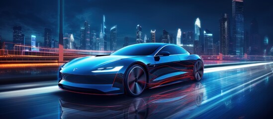 Fototapeta na wymiar Futuristic modern high speed sport car driving in the city at night with neon light. AI generated