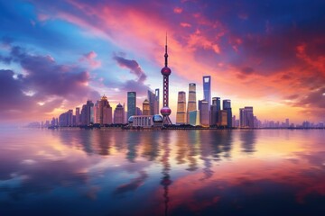 Shanghai skyline at sunset with reflection in Huangpu river, Shanghai skyline panorama with the Huangpu river, China, AI Generated