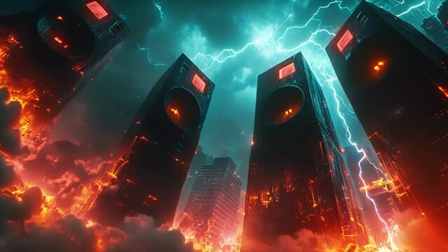 Amidst a tumultuous storm the speakers scream with the relentless power of thrash metal while lightning bolts light up the night sky in a fiery display.