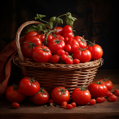 fresh tomatoes in the wood basket