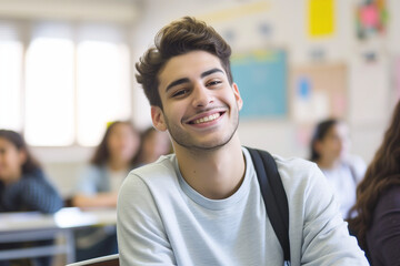 Young man in classroom smiling, radiating positivity and engagement in an educational environment.