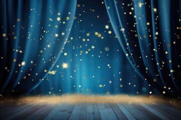 Blue theater curtain with golden stars and wooden floor, 3d render, Spotlight on a blue curtain background and falling golden confetti, AI Generated