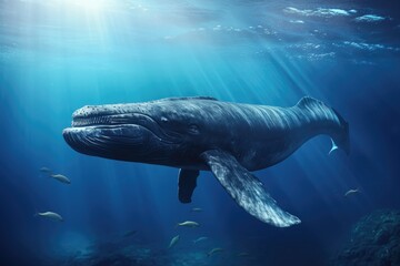Naklejka premium Humpback whale swimming underwater in deep blue ocean. Underwater photography, Humpback whale jumps out of the water with lots of water splashed, AI Generated