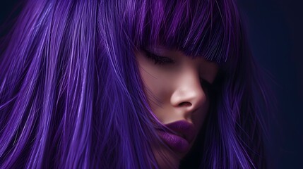 Dyed Purple Hair Female Model Close Up Photography Isolated On Dark Background. (Generative AI).