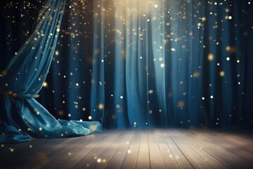 Curtain with blue curtains and falling snow. Christmas or New Year background, Spotlight on a blue...