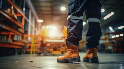 Close-up photos of Factory workers wearing safety shoes and working uniforms standing in the factory, ready for work in a dangerous workplace, Safety equipment concept.