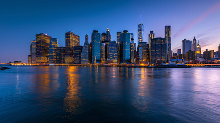 A panoramic view of the financial district skyline at twilight skyscrapers illuminated.