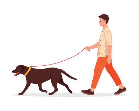 vector illustration of a boy walking a dog in flat style. Walking the dog