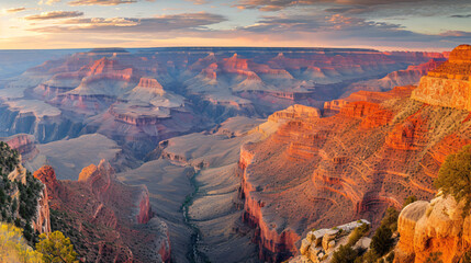 A panoramic view of the Grand Canyon at sunset highlighting the vast and colorful layers of rock formations.