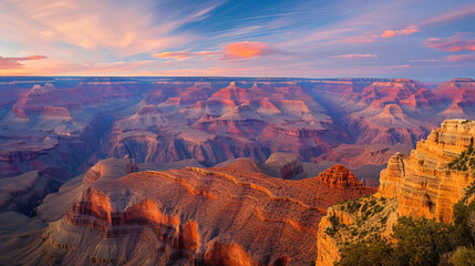 A panoramic view of the Grand Canyon at sunset highlighting the vast and colorful layers of rock formations. - obrazy, fototapety, plakaty