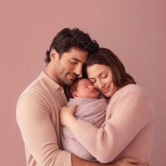 Fototapeta premium Happy family, mother and father tenderly holding their newborn baby, dressed in soft pink clothes, against a single pink background. Concept: parenting, family values ​​and infant care. Banner with co