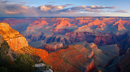 A panoramic view of the Grand Canyon at sunset highlighting the vast and colorful layers of rock formations.
