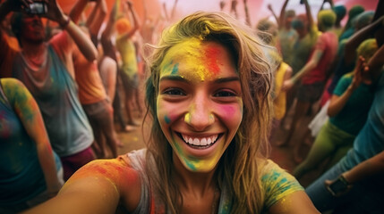 Obraz na płótnie Canvas Cheerful woman at the festival of colors Holi