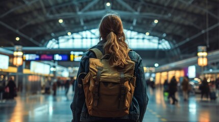 woman on her back with a backpack waiting for a train at a train station during the day in high resolution and quality - obrazy, fototapety, plakaty