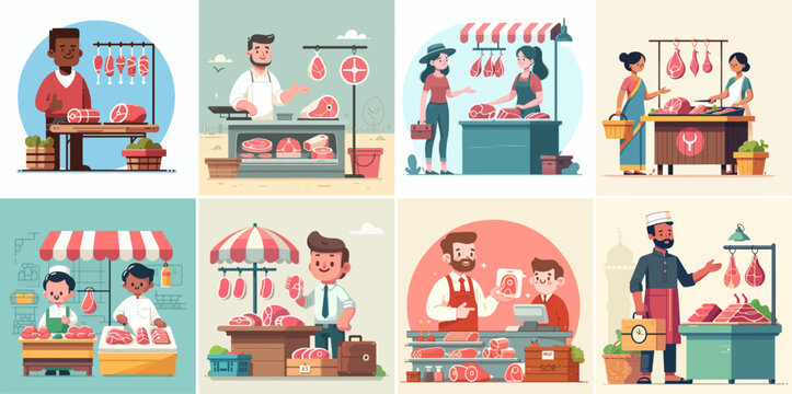 Vector set of people selling meat
