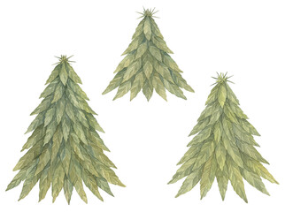 Watercolor Cannabis Christmas trees set isolated on a white background.