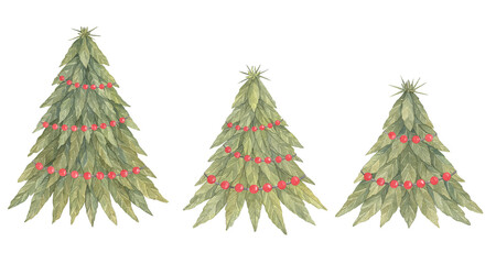 Watercolor Cannabis Christmas trees set with red balls garland isolated on a white background.