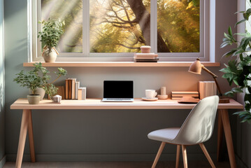 Interior of cozy workplace with laptop at home