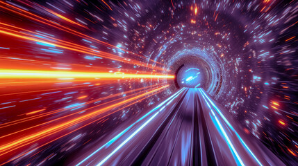 Interstellar journey through a nebulous space, crisscrossed by neon light trails, gives a feeling of hypersonic speed on an intergalactic road. Generative AI.