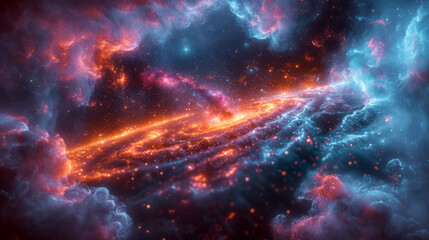 Naklejka premium Fascinating planetary landscape in the smoky cosmos, in which a primal hellscape unfolds in the radiant colors of the Milky Way. Generative AI.