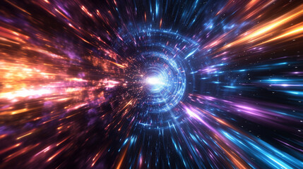 Naklejka premium Interstellar journey through a nebulous space, crisscrossed by neon light trails, gives a feeling of hypersonic speed on an intergalactic road. Generative AI.