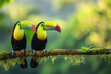 Toucan sitting on the branch in the forest, green vegetation, Costa Rica. Nature travel in central America. Two Keel-billed Toucan, Ramphastos sulfuratus, pair of bird with big bill. Wildlife