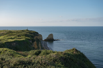 The cliff of Pointe du Hoc in Normandy, France. Memorial of heroic assault of the 2nd Ranger...