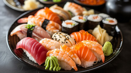 A plate of authentic Japanese sushi including nigiri maki rolls and sashimi served with wasabi ginger and soy sauce.