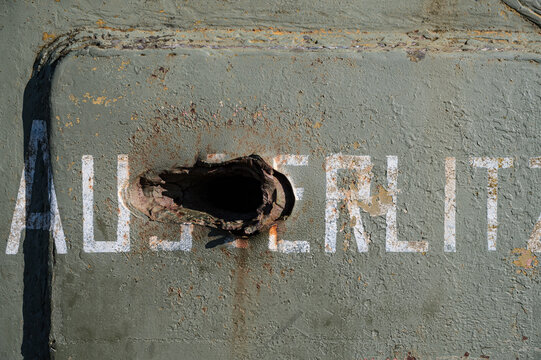 Detail of a shell hole in an M4 Sherman AUSTERLITZ tank Chrysler A57 30 cylinder multibank engine